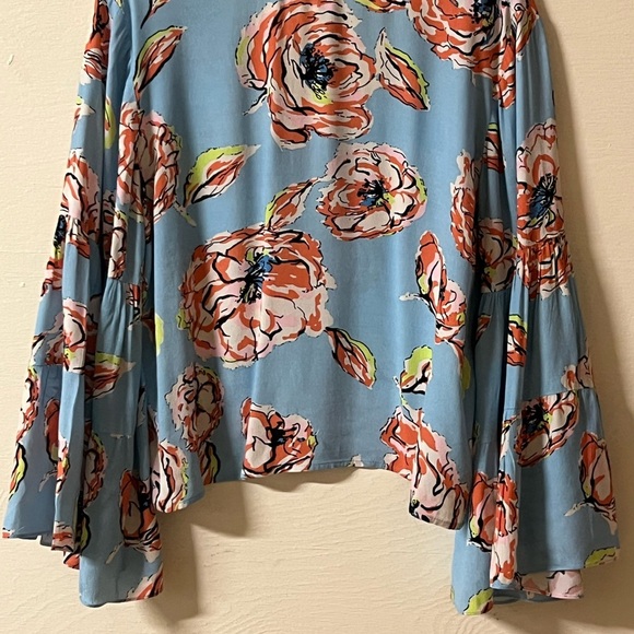 Anthropologie Plenty by Tracey Reese Blue Floral Bell Sleeve Top Boho Bohemian M - Picture 3 of 8